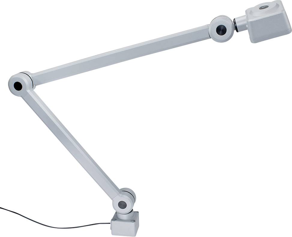 Grauer, verstellbarer Schwenkarm ohne Leuchtmittel, mit Kabel unten links.