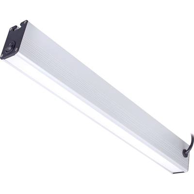 Eine rechteckige LED-Lichtleiste in einem Metallgehäuse, angeschlossen mit einem schwarzen Kabel an der Oberseite.