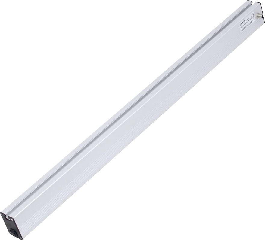Ein langes, schmales Aluminiumprofil, möglicherweise ein Teil einer Befestigung oder Halterung, mit einer kleinen Beschriftung an einem Ende.