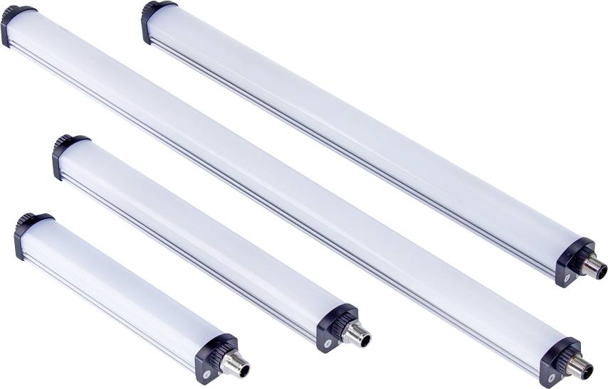 Vier längliche LED-Lampen unterschiedlicher Größe, nebeneinander auf weißem Hintergrund dargestellt.