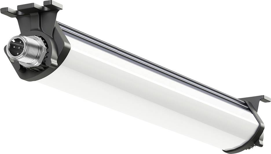 Eine LED-Röhre mit robustem Design, Endstützen und einem seitlichen Stromanschluss, geeignet für industrielle Beleuchtungsanwendungen.