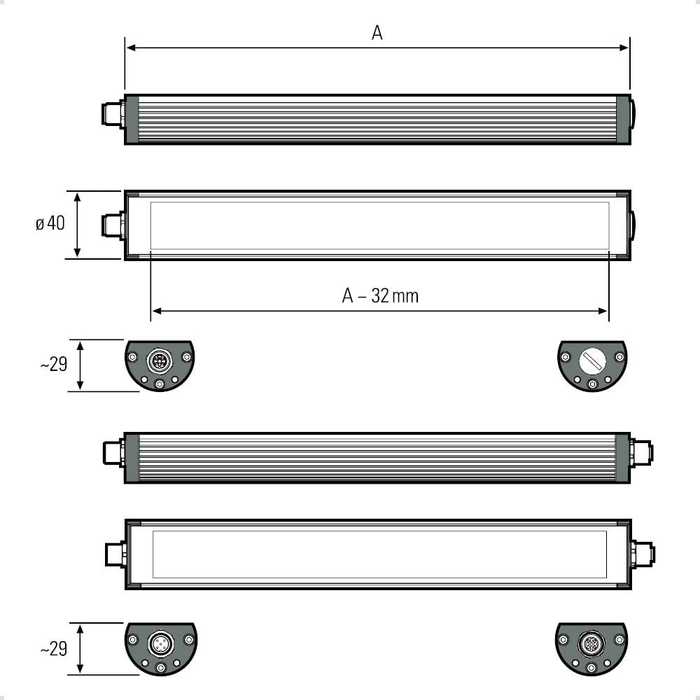 Technische Zeichnung von einem zylindrischen Gerät mit Längenmaß 'A' minus 32 mm, Durchmesser 40 mm. Verschiedene Ansichten zeigen Seiten- und Endansicht.
