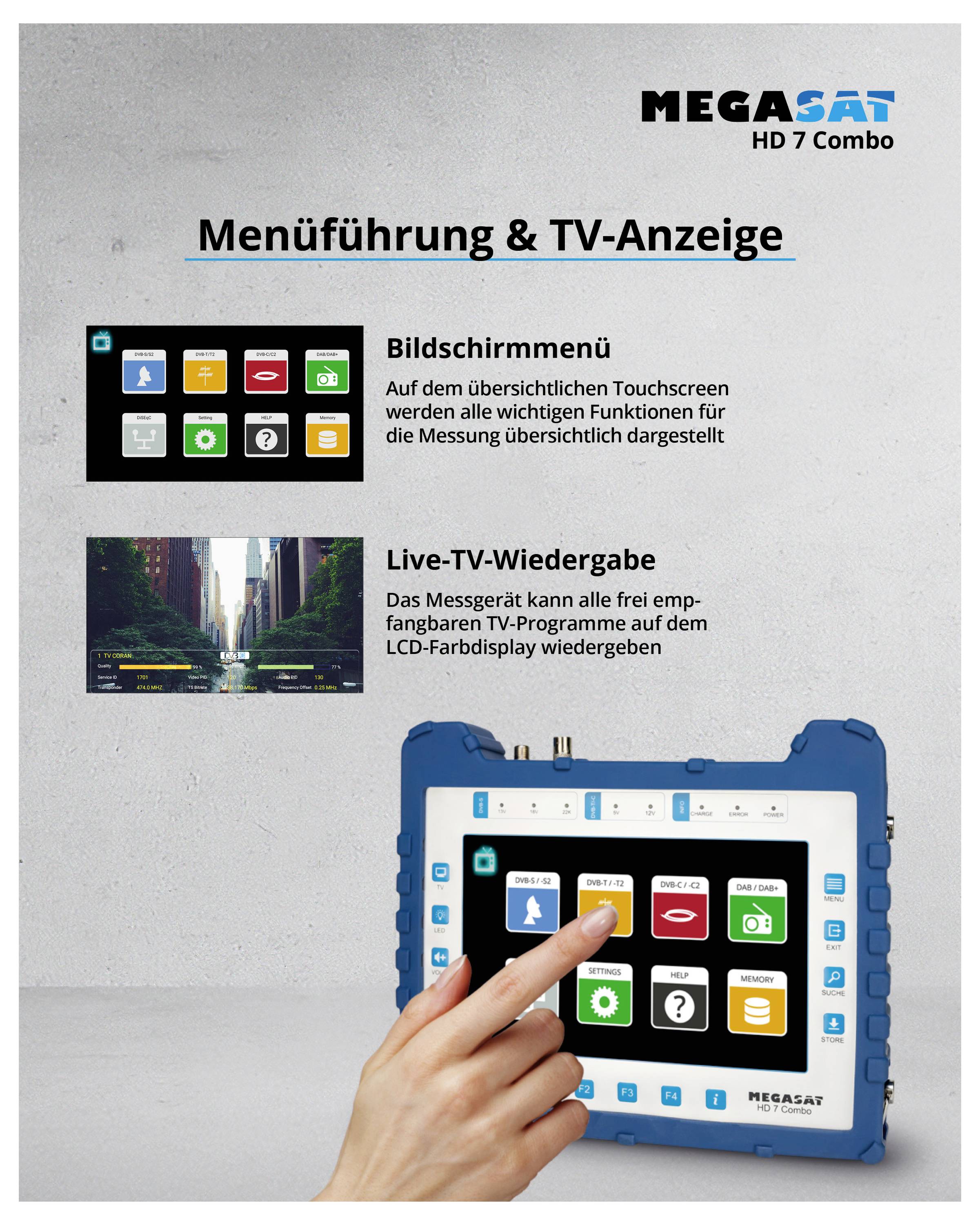 Ein Touchscreen-Gerät mit dem Titel 'Menüführung & TV-Anzeige'. Zeigt Bildschirmmenüs und Live-TV-Wiedergabe auf einem LCD-Farbdisplay.