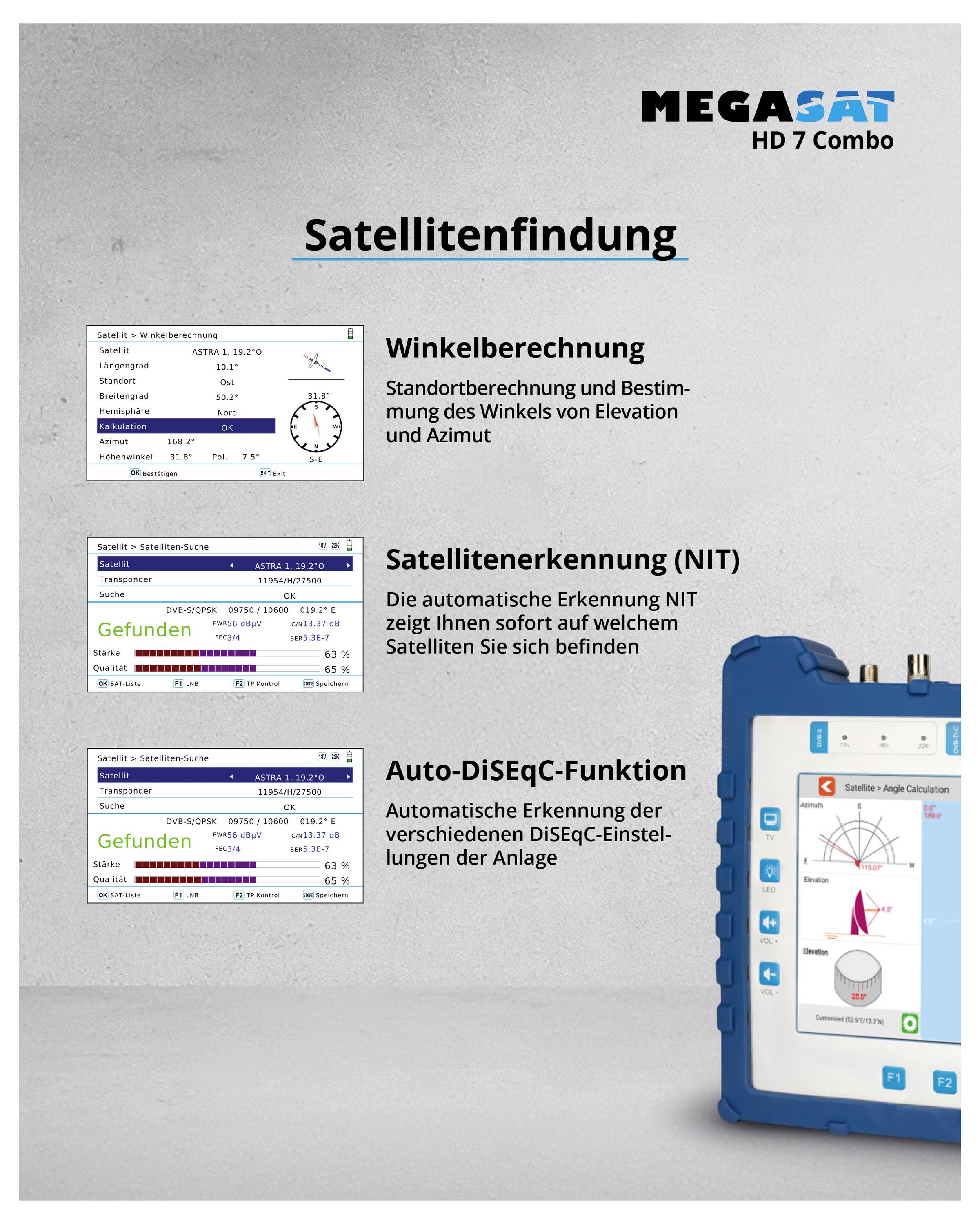 'Flyer zeigt MEGASAT HD 7 Combo. Funktionen: Winkelberechnung zur Satellitenfindung, Satellitenerkennung (NIT), Auto-DiSEqC-Erkennung.'