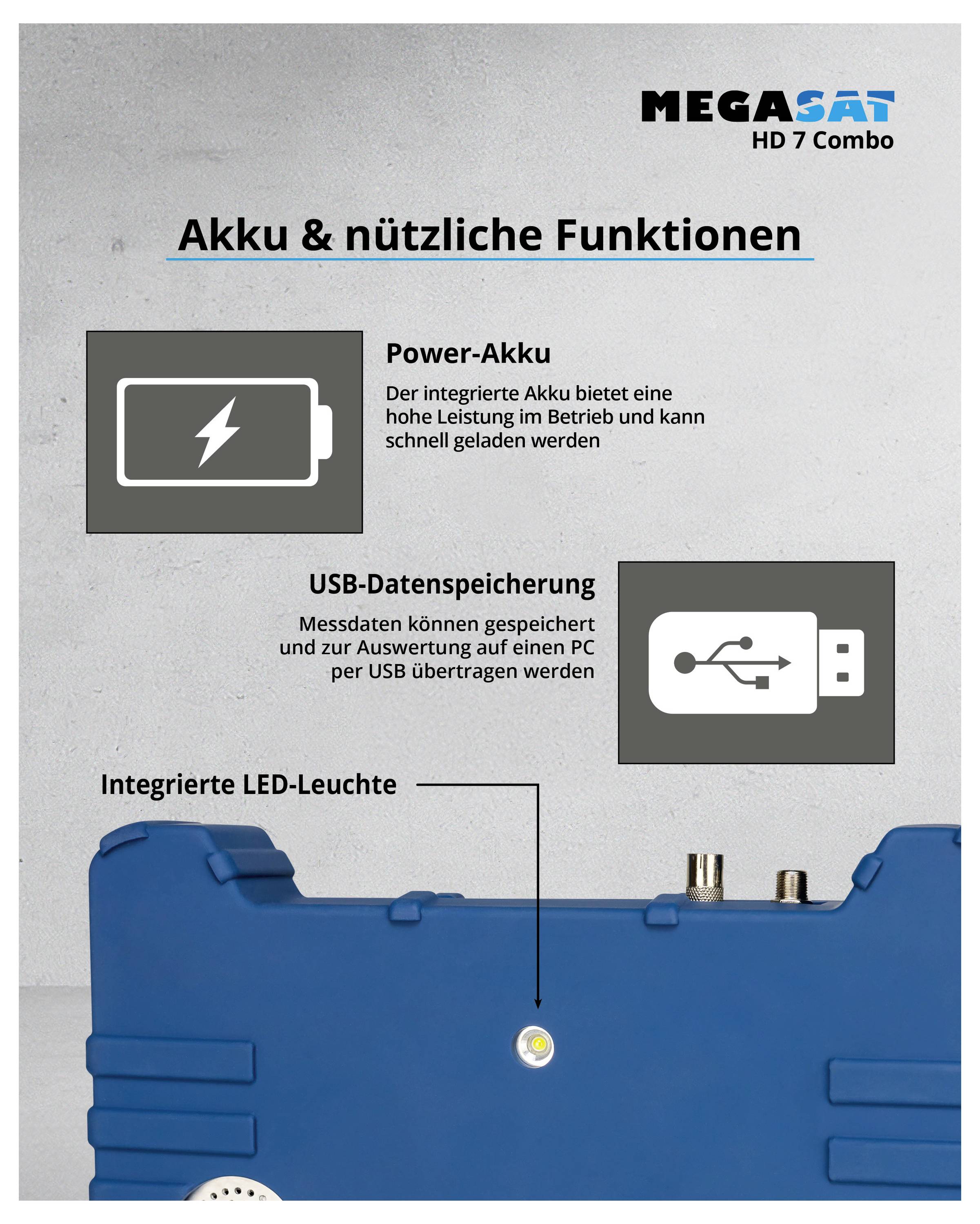 'Akku & nützliche Funktionen': Das Bild zeigt Funktionen eines Geräts, einschließlich Power-Akku, USB-Datenspeicherung und integrierter LED-Leuchte.