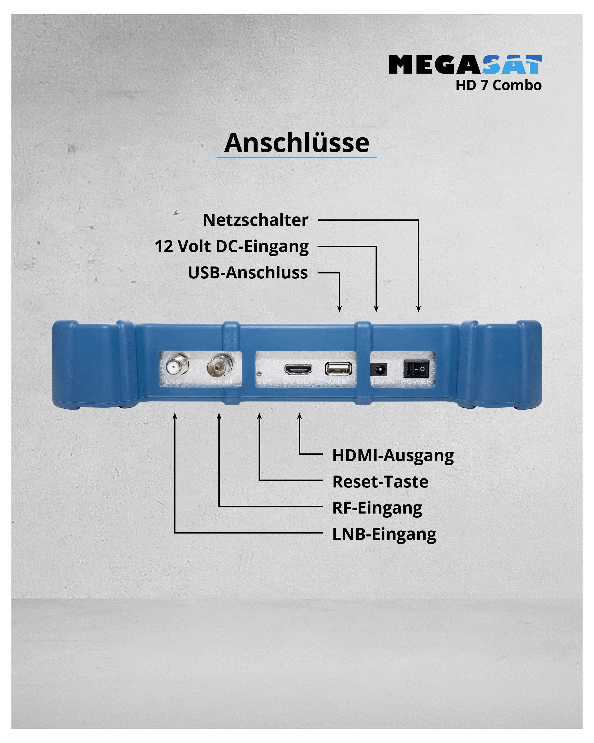 Elektronisches Gerät mit Beschriftungen: 'Anschlüsse' - Netzschalter, 12 Volt DC-Eingang, USB-Anschluss, HDMI-Ausgang, Reset-Taste, RF- und LNB-Eingang.