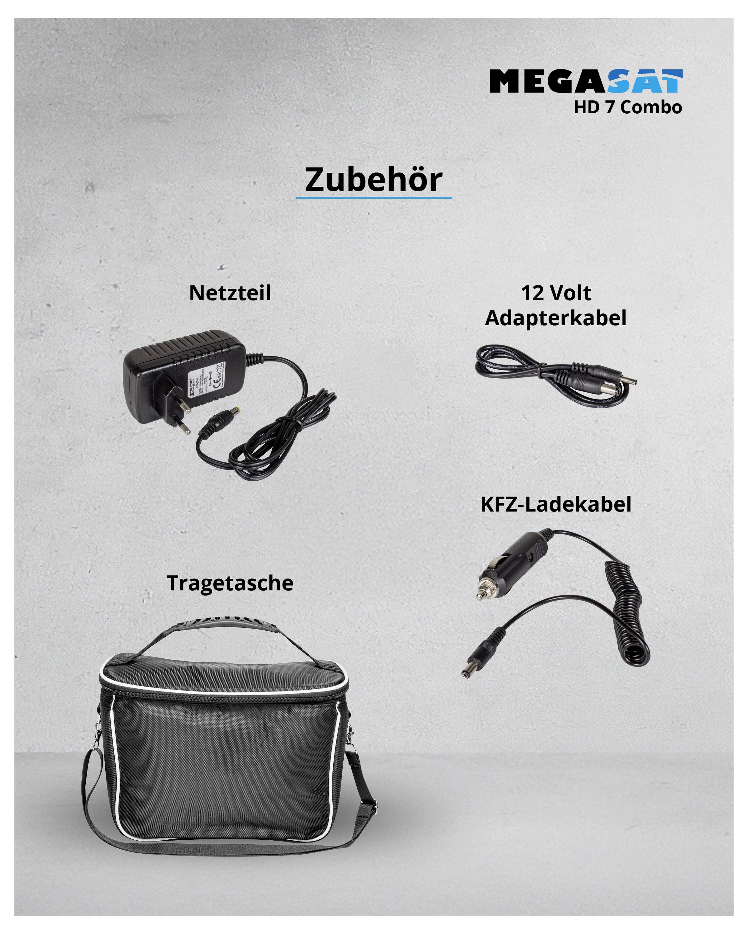 'Zubehör' für MEGASAT HD 7 Combo: Netzteil, 12 Volt Adapterkabel, KFZ-Ladekabel, Tragetasche.