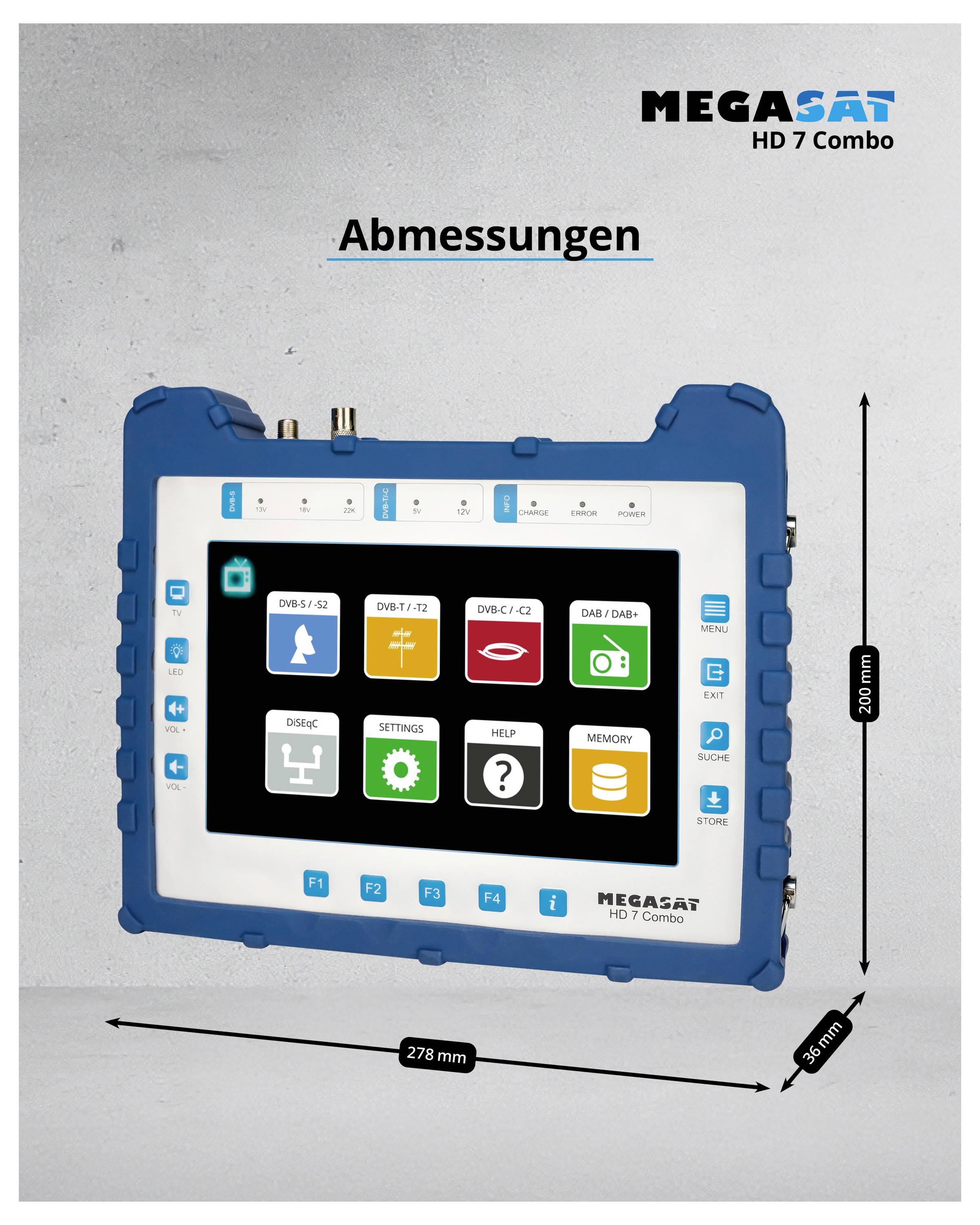 Ein blau-weißes Megasat HD 7 Combo-Gerät zeigt ein Menü mit Icons für DVB, DAB/DAB+, Einstellungen, Speicher und Hilfe. Abmessungen sind 278 mm x 260 mm.