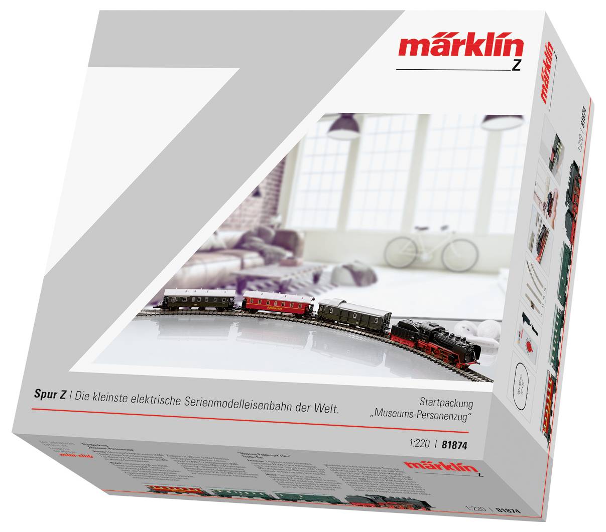 Schachtel einer Märklin Spur Z Modelleisenbahn, Startpackung 'Museums-Personenzug', die kleinste Serienmodellbahn der Welt.