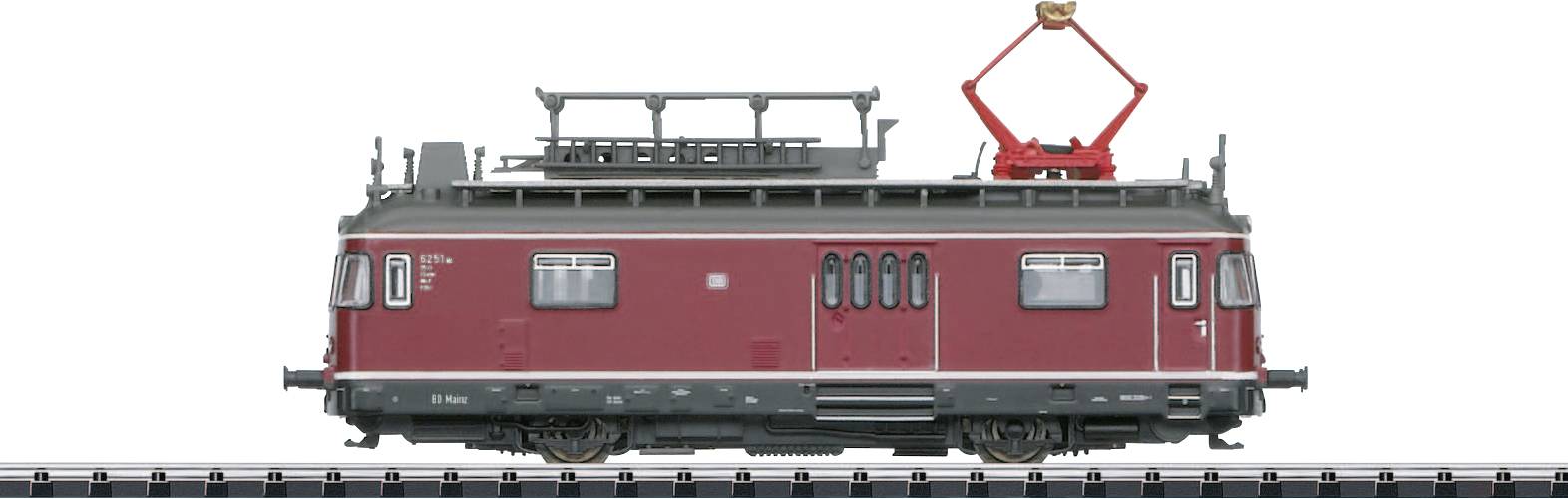 Seitenansicht einer Modelllokomotive auf Schienen, rot mit schwarzen und grauen Details, roter Stromabnehmer oben.