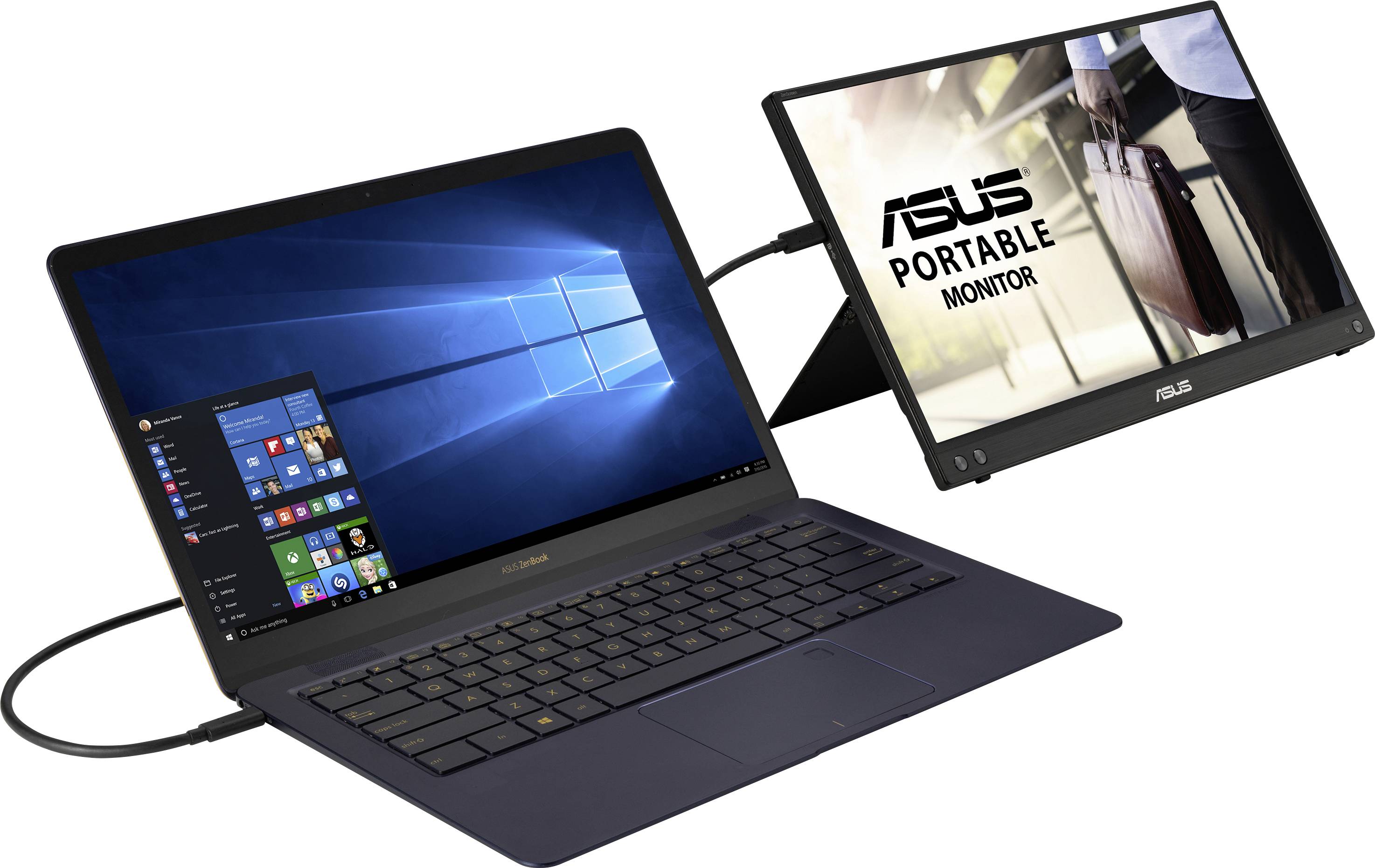 'Laptop ist mit tragbarem ASUS-Monitor verbunden. Auf dem Laptopbildschirm ist das Windows-Startmenü sichtbar.'