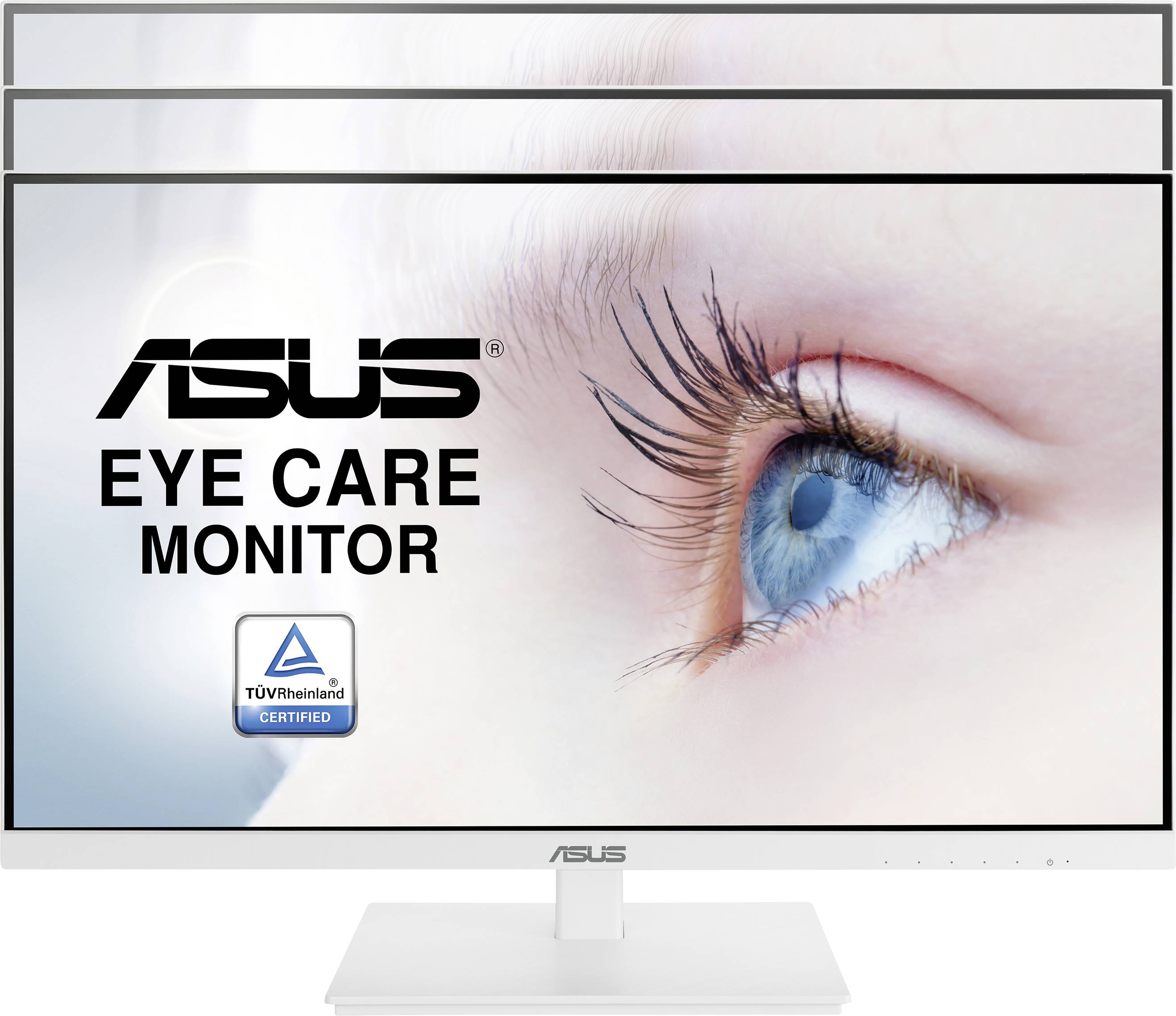 'ASUS Eye Care Monitor' mit TÜV Rheinland Zertifizierung zeigt vergrößertes Auge als Hauptmotiv. Fokus auf augenschonende Technologie.