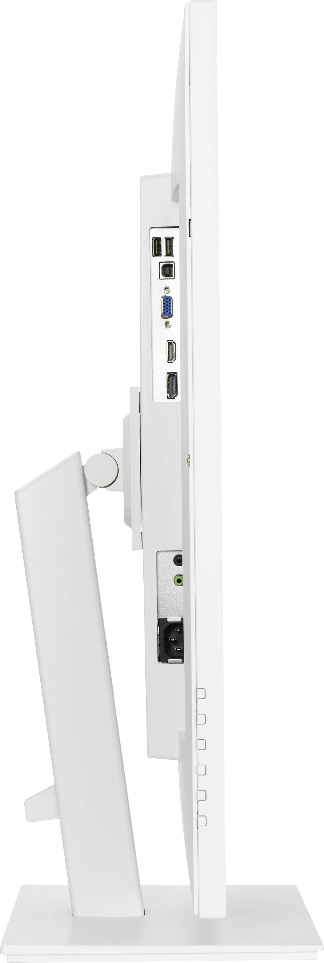 Seitliche Ansicht eines weißen Computerbildschirms auf einem Ständer. Anschlüsse und Kabel befinden sich auf der Rückseite.