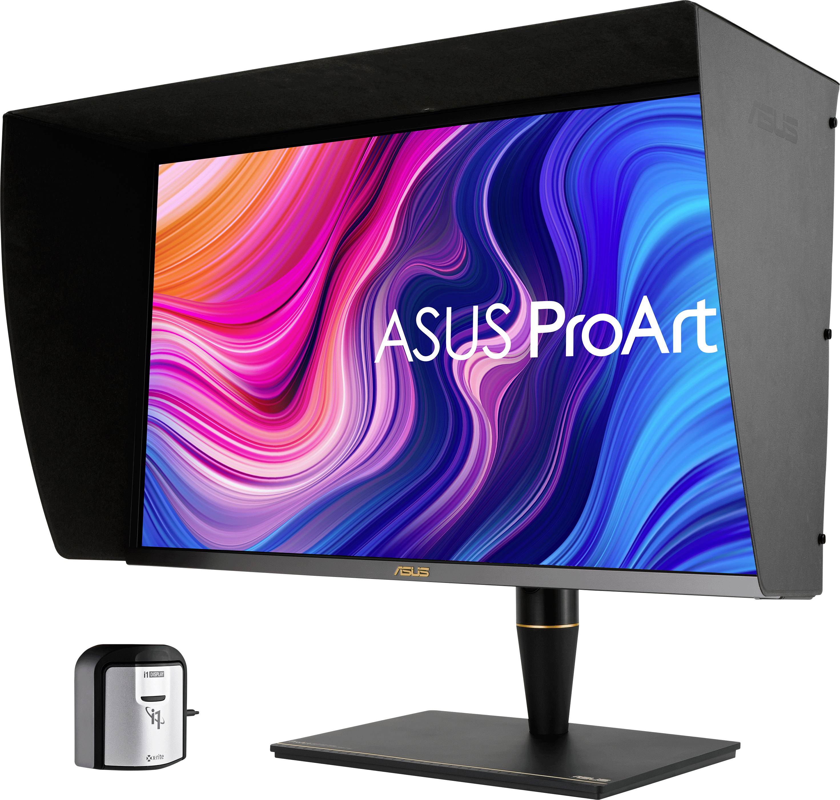 Ein ASUS ProArt-Monitor mit leuchtendem, abstraktem Farbhintergrund auf dem Bildschirm. Rechts daneben ein Kalibrierungsgerät.