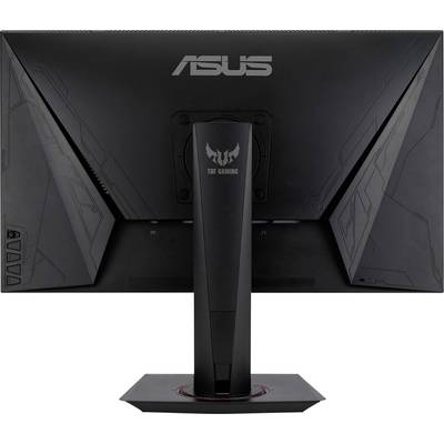 Der Monitor zeigt die Rückseite eines ASUS TUF Gaming-Bildschirms mit markantem Design und zentralem Standfuß.