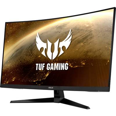 Ein gebogener ASUS TUF Gaming Monitor mit einem leuchtenden Weltraumbildschirmhintergrund. Logos und Markenname sichtbar.