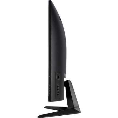 Seitenansicht eines flachen, modernen Monitors auf einem Standfuß, zeigt schlankes Design und Anschlüsse an der Rückseite.