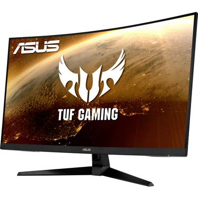 'ASUS TUF Gaming'-Monitor mit gekrümmtem Bildschirm, zeigt ein Weltraumbild mit orangefarbenem Planeten.