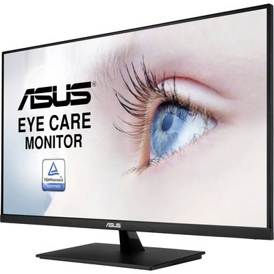 Monitor von ASUS mit großem Bildschirm und schmalem Rahmen. Bild zeigt ein Auge neben dem Text 'ASUS Eye Care Monitor' und TÜV-Logo.