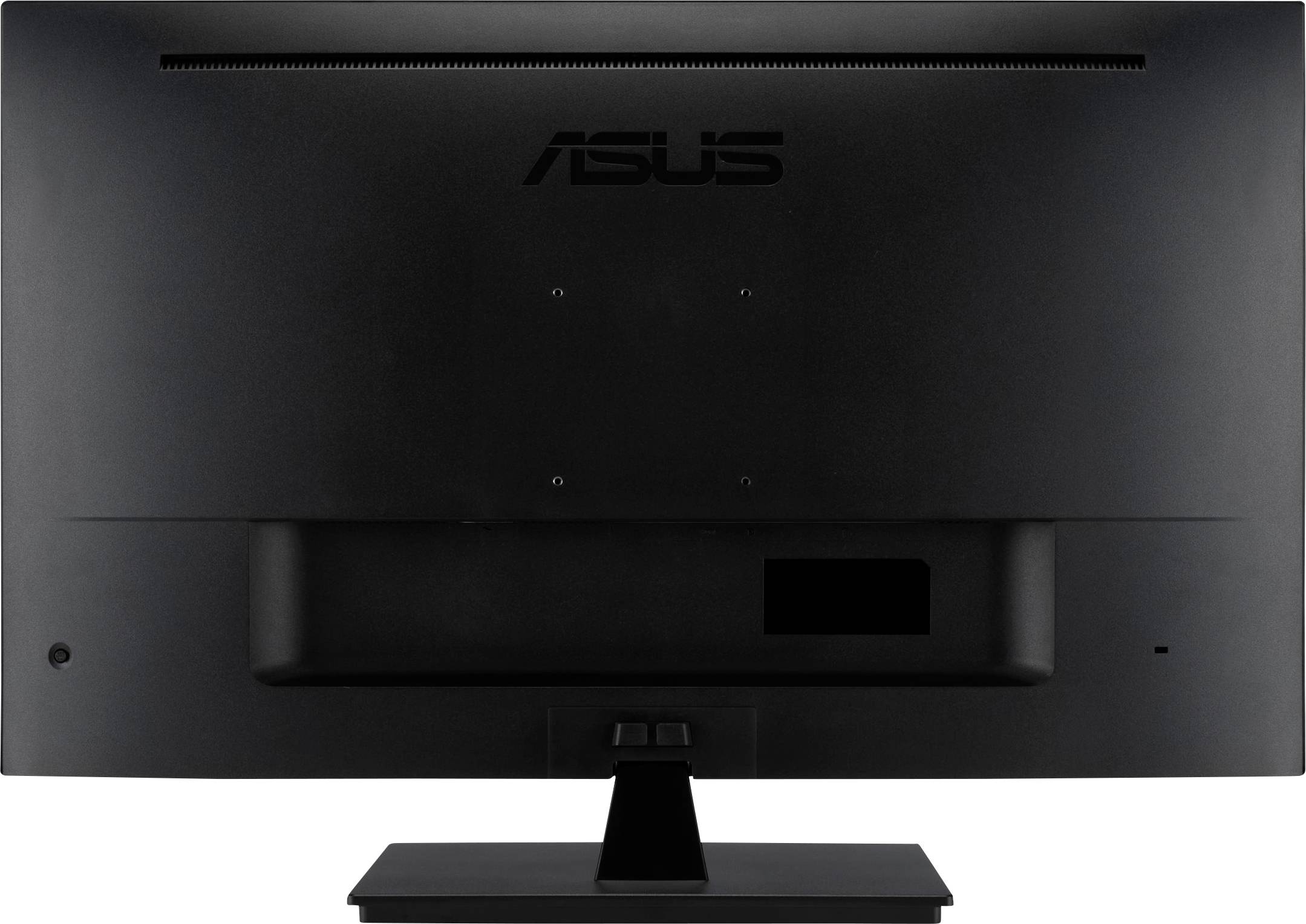Hintere Ansicht eines schwarzen ASUS Computermonitors.