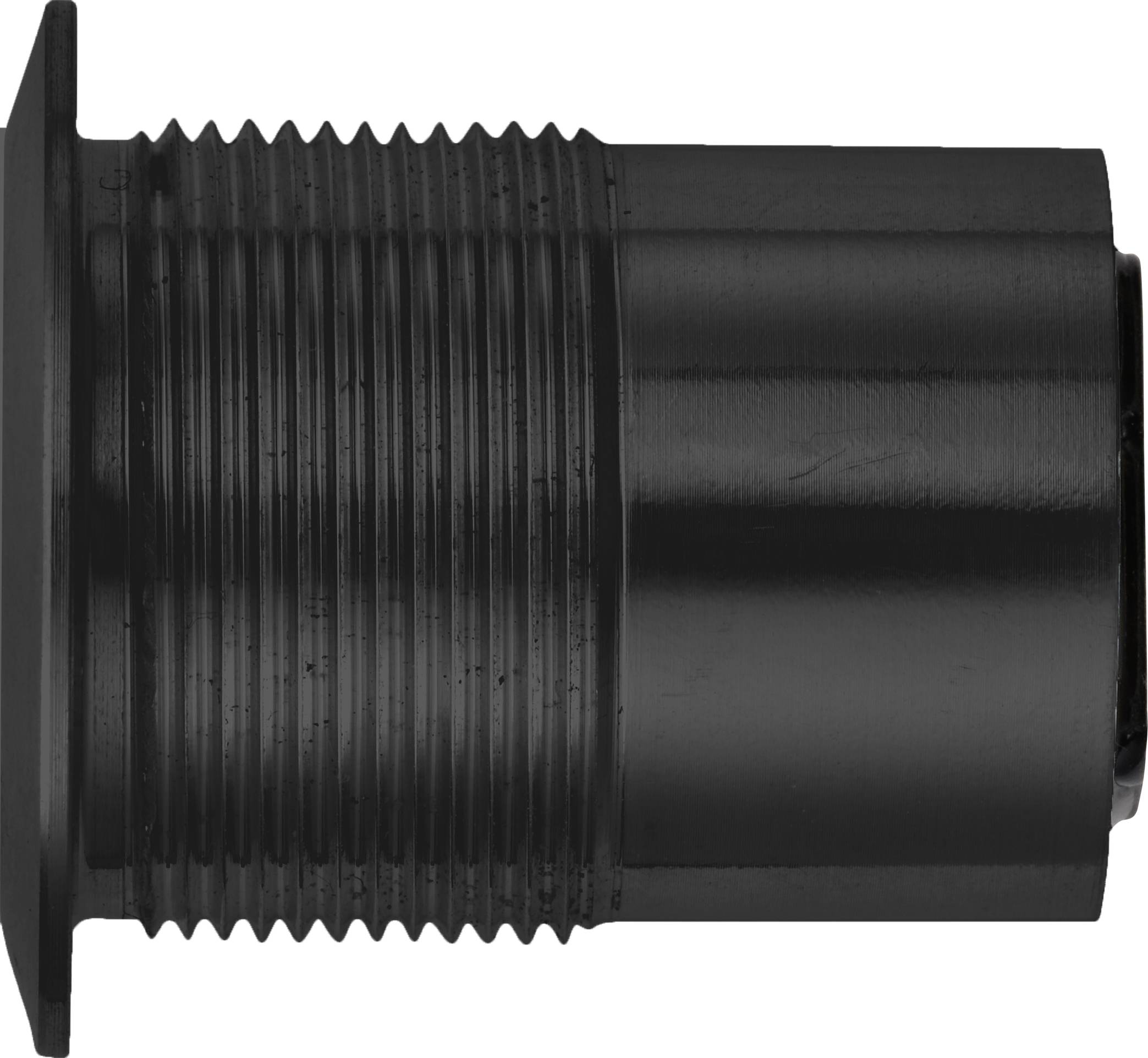 Schwarzes, zylindrisches Metallteil mit Gewinde auf einer Seite und glatter, runder Fläche auf der anderen Seite; seitlich liegend.