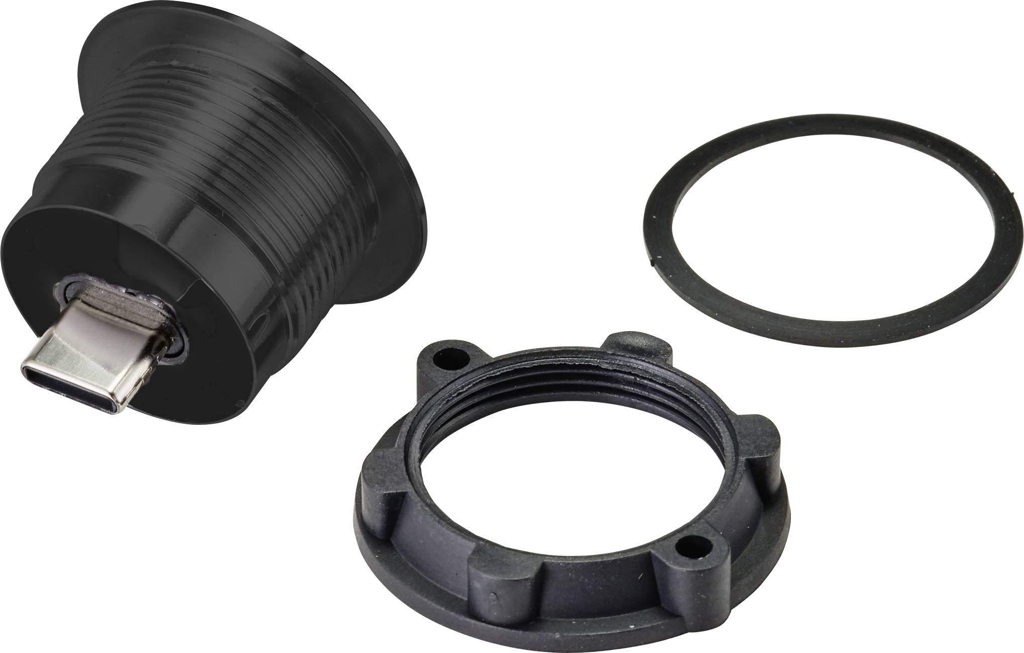 Ein schwarzer USB-C-Stecker mit Gewinde und dazugehörigem Ring. Er wird häufig für den Einbau in elektronische Geräte verwendet.