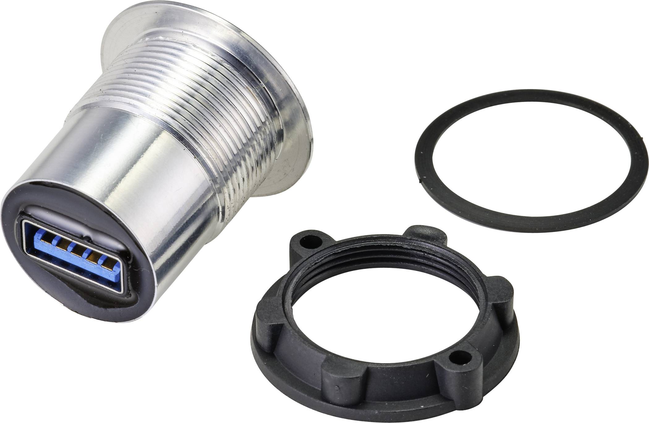 Ein USB-Anschluss, ein schwarzer Montagering und eine Dichtung. Der Anschluss ist zylinderförmig und zeigt die USB-Buchse vorne.