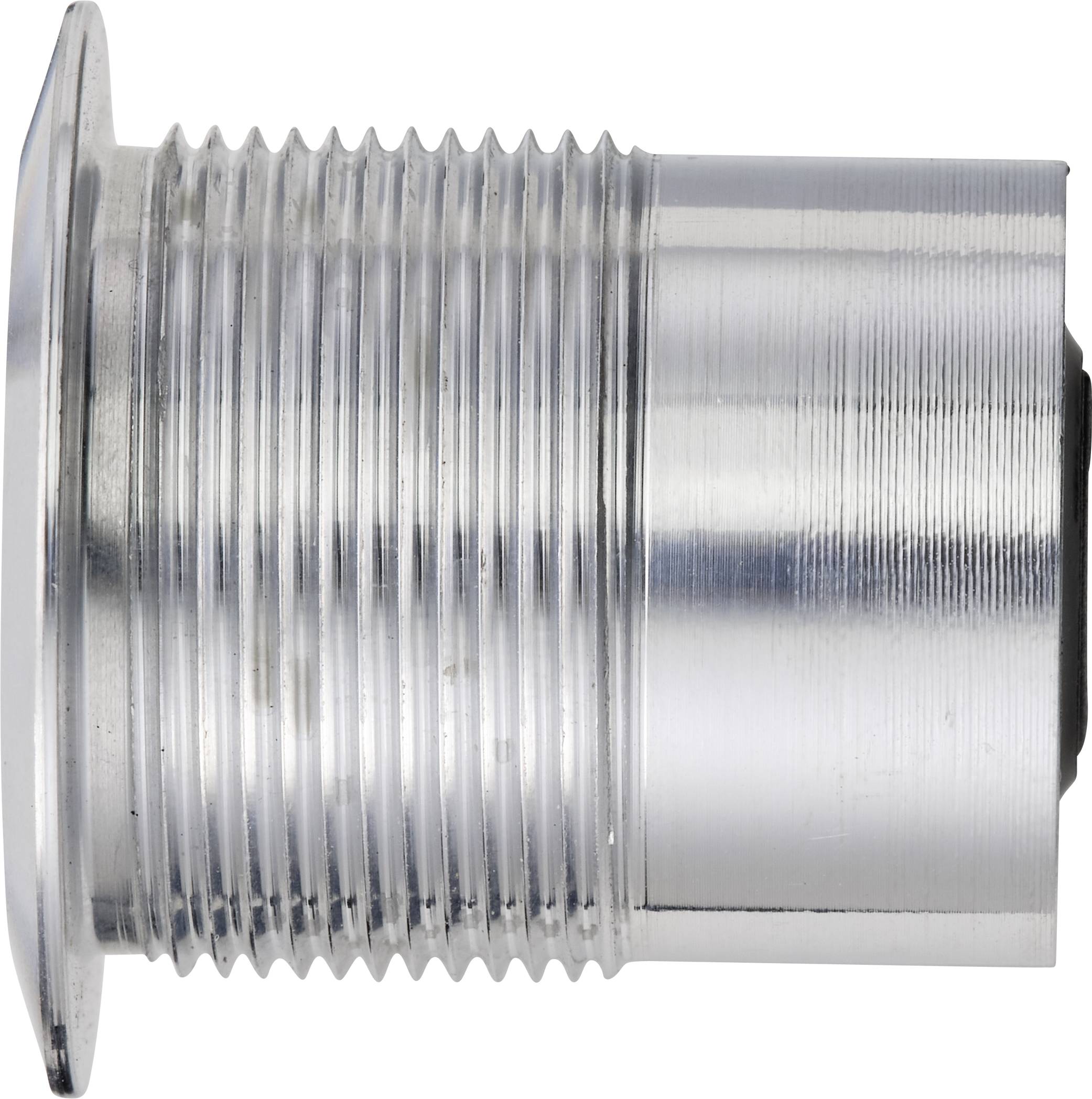 Ein silbernes, zylindrisches Metallteil mit Gewinde an der Außenseite, das für technische oder mechanische Anwendungen verwendet wird.