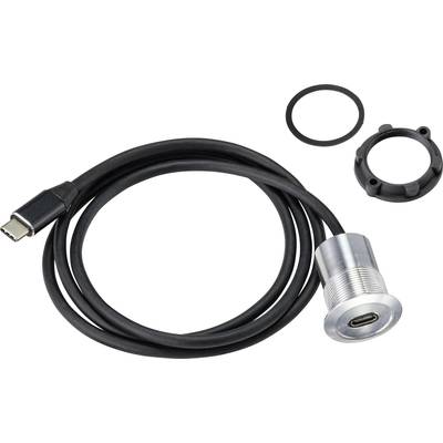 USB-C-Einbaubuchse mit langem Kabel, schwarzer Dichtung und Haltering aus Metall, geeignet für Panel-Montage in Geräten.