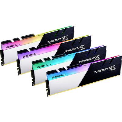Vier G.Skill Trident Z Neo RAM-Module mit RGB-Beleuchtung in verschiedenen Farbverläufen, seitlich angeordnet.