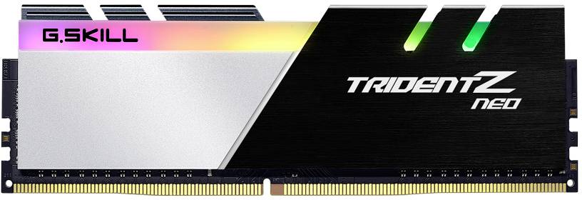 Ein G.Skill Trident Z Neo RAM-Riegel mit schwarzem und silbernem Design sowie RGB-Beleuchtung oben.