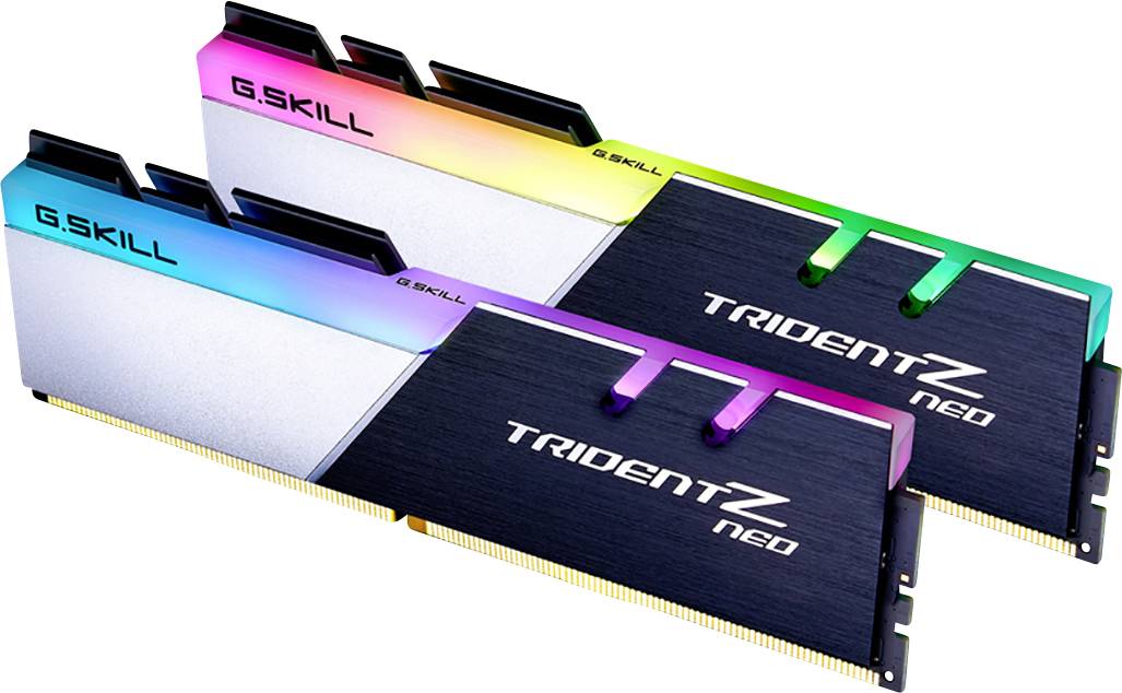 Zwei G.Skill Trident Z Neo RAM-Module mit RGB-Beleuchtung, geeignet für Hochleistungscomputer, liegen auf weißem Hintergrund.