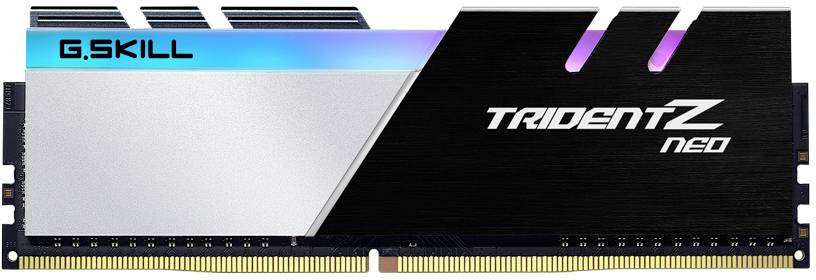 RAM-Modul von G.Skill Trident Z Neo mit schwarzem und silbernem Kühlkörper und RGB-Leiste auf der Oberseite.