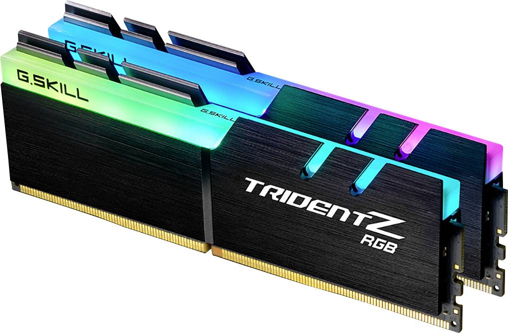 Zwei G.SKILL TridentZ RGB RAM-Module mit leuchtenden Farbverläufen in Blau, Grün und Pink auf schwarzen Kühlkörpern.