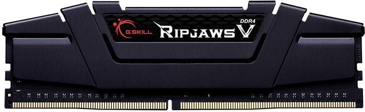 Schwarzer DDR4-RAM-Riegel von G.Skill, Modell 'Ripjaws V', links das rote Logo. Geeignet für High-Performance-Computer.