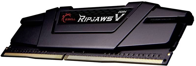 Bild eines G.SKILL Ripjaws V DDR4-RAM-Moduls, schwarzes Design mit Kupferkontakten unten, geeignet für Computer-Speichererweiterung.