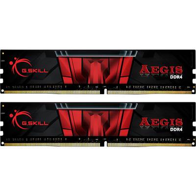 Zwei RAM-Module von G.Skill mit der Aufschrift 'AEGIS DDR4', schwarzes Design mit rotem Muster. Optimal für leistungsstarke PCs.