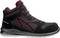 Hochgeschnittener schwarzer Schuh mit roten Akzenten. Sportlicher Stil, geeignet für Outdoor-Aktivitäten.