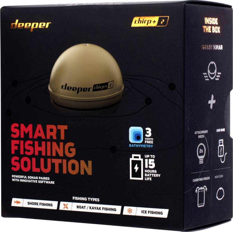 Tragbares Echolot Deeper Chirp+ 2 in Verpackung. Angeblich mit 15 Stunden Akkulaufzeit, Bathymetrie-App und verschiedenen Angelmodi.