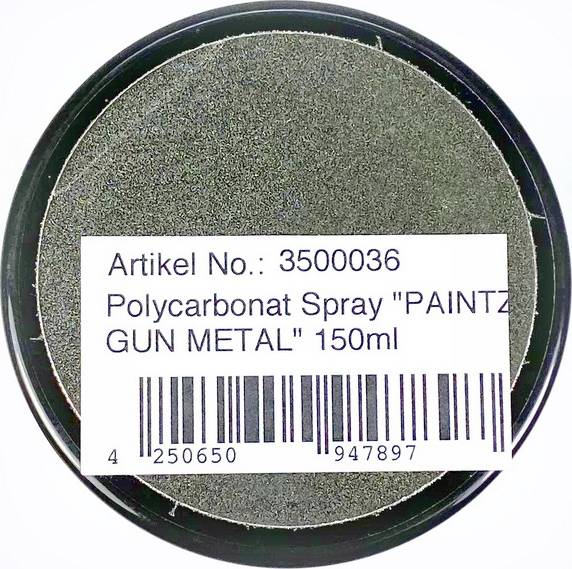 Runde Dose mit Etikett 'Polycarbonat Spray "PAINTz GUN METAL" 150ml', Artikelnummer 3500036, und Barcode darunter.