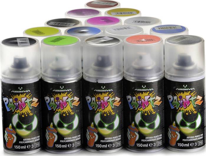 Sprühdosen in verschiedenen Farben, etikettiert als 'Paintz', in zwei Reihen angeordnet.