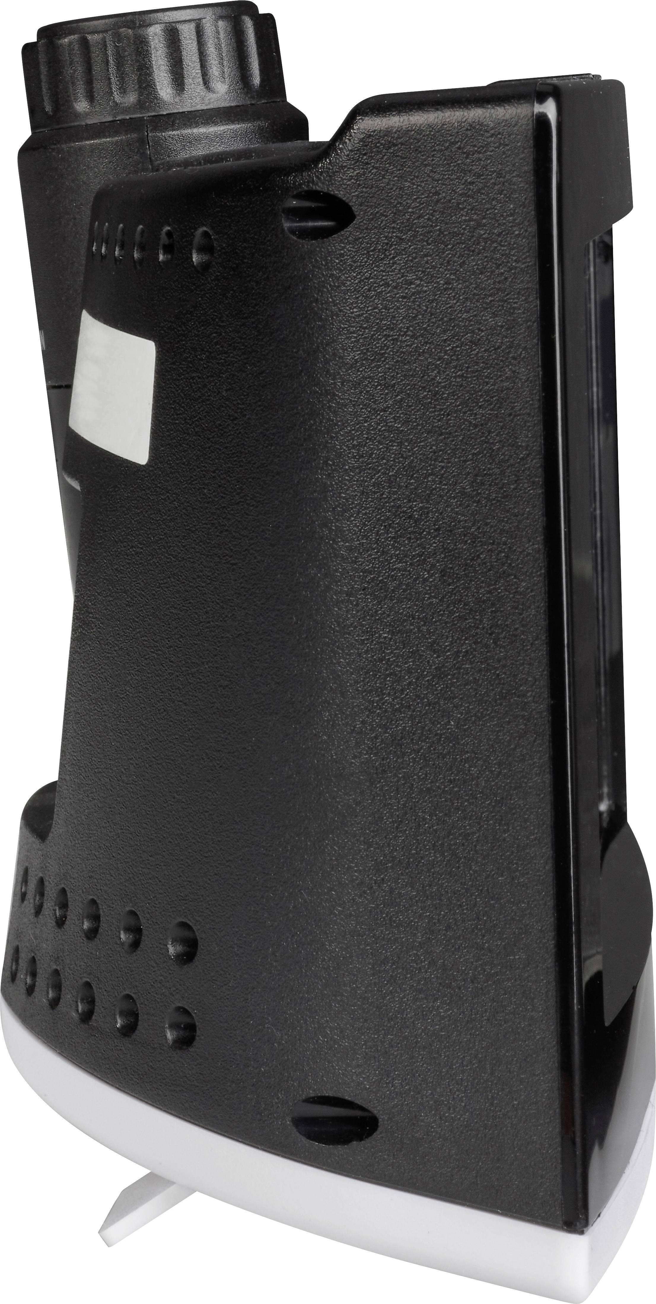 Ein schwarzes elektronisches Gerät mit Lüftungsschlitzen und weißem Detail, eventuell ein Küchengerät oder technisches Zubehör.