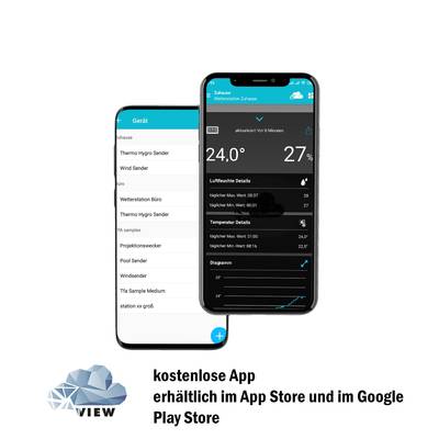 Die Abbildung zeigt zwei Smartphone-Bildschirme mit einer Wetter-App. Die App zeigt Temperatur, Luftfeuchtigkeit und Wetterdetails an.