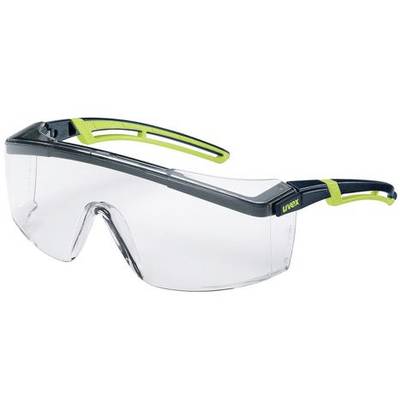 Schutzbrille mit transparenten Gläsern und grün-schwarzem Gestell, geeignet für Sicherheitsanwendungen.