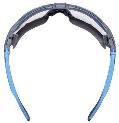 Eine Schwimmbrille mit blauen, verstellbaren Riemen und schwarzen Dichtungen zur Augenabdichtung, von oben betrachtet.