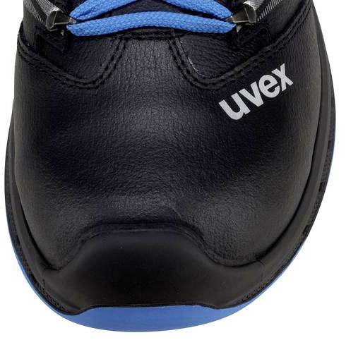 Schwarzer Sicherheitsschuh mit blauen Schnürsenkeln und der Aufschrift 'uvex' an der Seite.