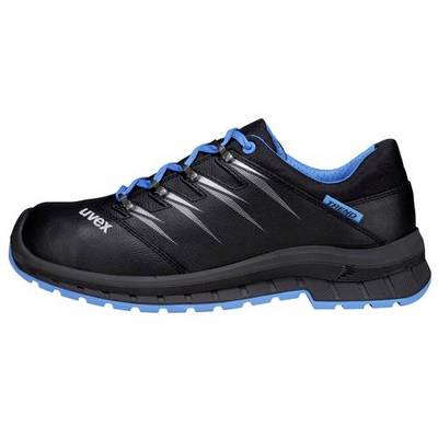Ein schwarzer Sicherheitsschuh mit blauen Schnürsenkeln und Sohle. Markenname 'uvex' und Modellname 'Trend' sind auf der Seite sichtbar.