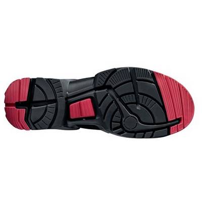Schuhsohle in Schwarz und Rot mit rutschfestem, strukturiertem Muster, geeignet für guten Halt auf verschiedenen Oberflächen.