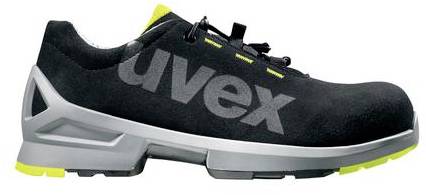 Schwarzer Sicherheitsschuh mit grauen und gelben Details, seitlich das Logo 'uvex'.