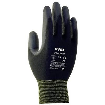 'Schutzhandschuh mit grauer Beschichtung und gelben Nähten. Aufschrift: Uvex, EN 388 Normen, CE-Kennzeichnung, Größe 10, hergestellt 07/2021.'